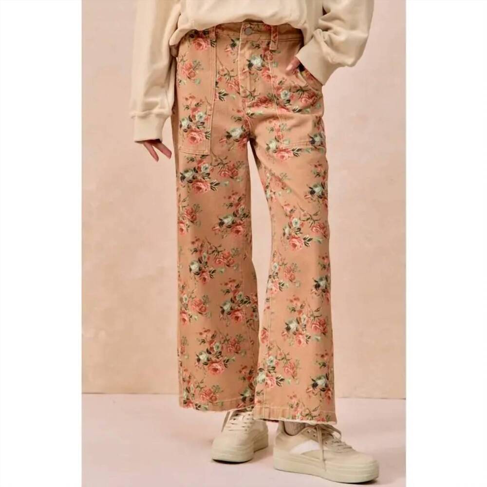 NEW BIBI washed flower printed wide jeans in vintage ginger